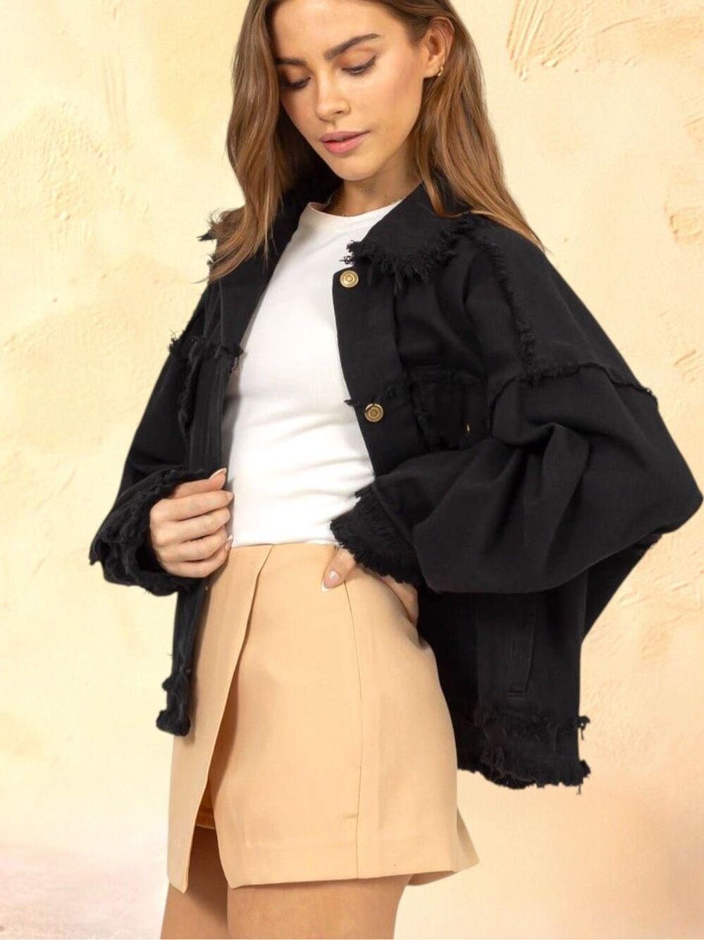 Black Oversized Raw Hem Denim Shacket Jacket Frayed Trucker Button Up HYFVE L - Picture 8 of 15